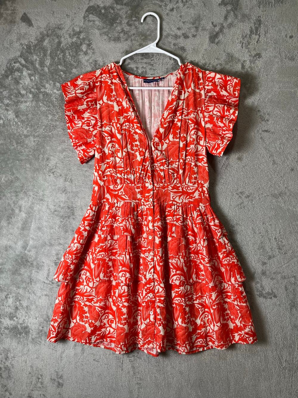 Ro’s Garden Orange White Floral Mini Dress V Neck Flutter Sleeve Romantic Small